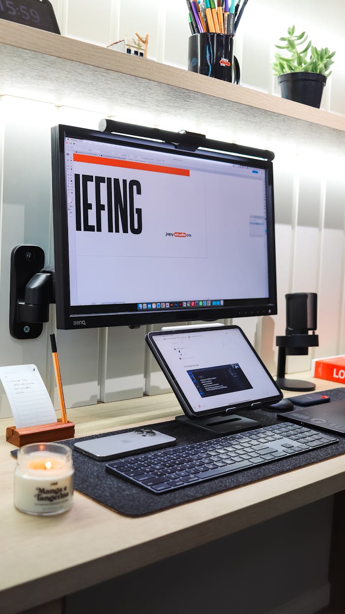 A sleek and organized workspace featuring a monitor, keyboard, and tablet in an office setting.