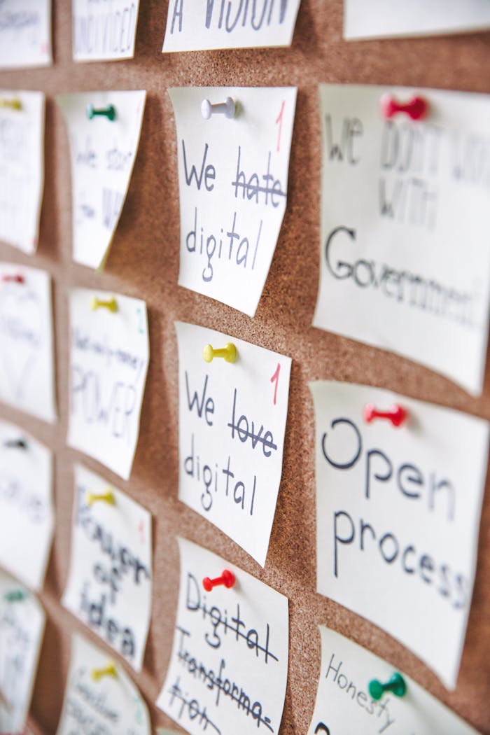 about-05 Corkboard filled with various handwritten notes and ideas pinned for planning and strategy.