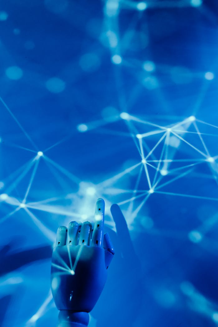 about-03 Futuristic robotic hand touching a digital network on a blue background.